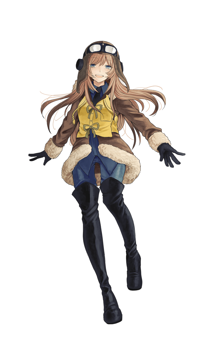 1girl :d black_boots black_gloves blue_eyes boots brown_jacket eyebrows_visible_through_hair formation_girls full_body gloves highres josefina_frantisek kurodeko light_brown_hair official_art open_mouth smile solo thigh-highs thigh_boots transparent_background yellow_vest