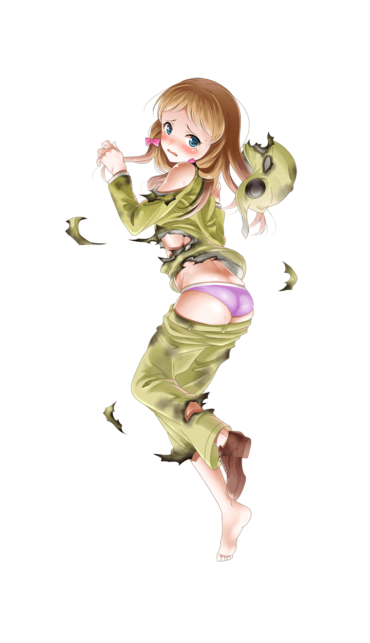 1girl ass aviator_cap barefoot blonde_hair blue_eyes blush bow brown_shoes feet formation_girls full_body hair_bow highres kamura_poku lillian_presley official_art open_mouth panties pink_bow purple_panties shoes sidelocks single_shoe torn_clothes transparent_background underwear