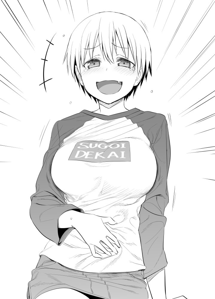 1girl :d breasts cowboy_shot eyebrows_visible_through_hair fang greyscale hand_on_own_stomach himura_kiseki large_breasts laughing long_sleeves looking_at_viewer miniskirt monochrome open_mouth raglan_sleeves revision short_hair simple_background skirt smile solo tears uzaki-chan_wa_asobitai! uzaki_hana white_background