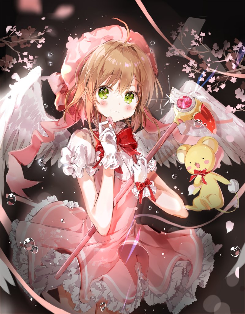 1girl antenna_hair b_rock brown_hair card_captor_sakura fuuin_no_tsue glove_bow gloves green_eyes hat hoshi_no_tsue kero kinomoto_sakura looking_at_viewer magical_girl pink_hat short_hair smile solo wand white_gloves wings