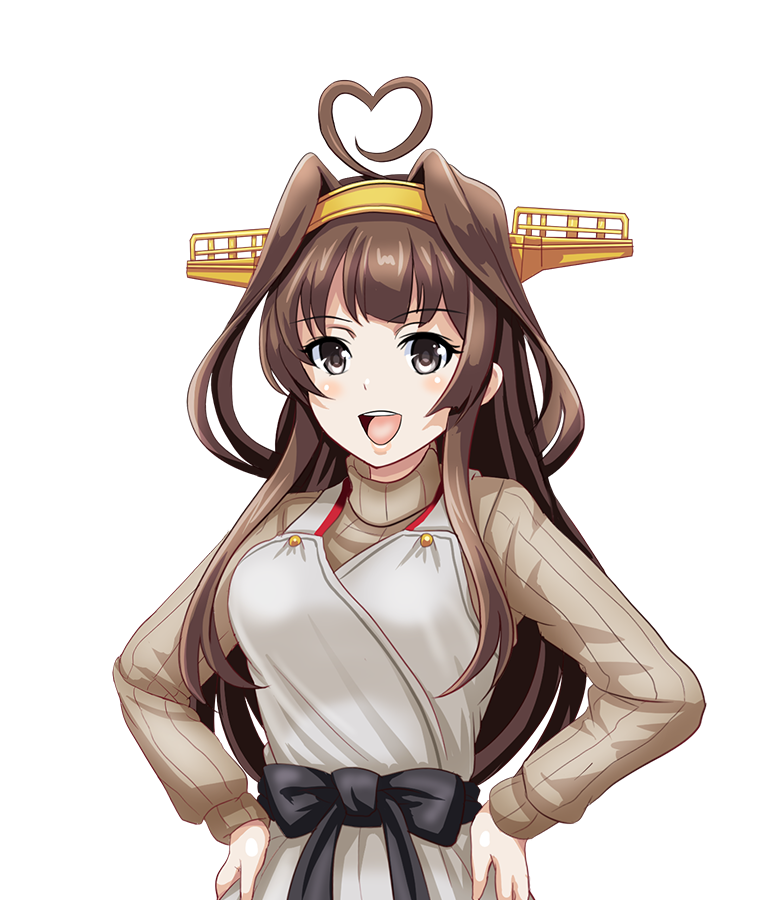 1girl ahoge alternate_costume brown_eyes brown_hair expressive_hair eyebrows_visible_through_hair hair_between_eyes hand_on_hip headgear kantai_collection kappougi kongou_(kantai_collection) long_hair looking_at_viewer simple_background smile solo sweater tk8d32