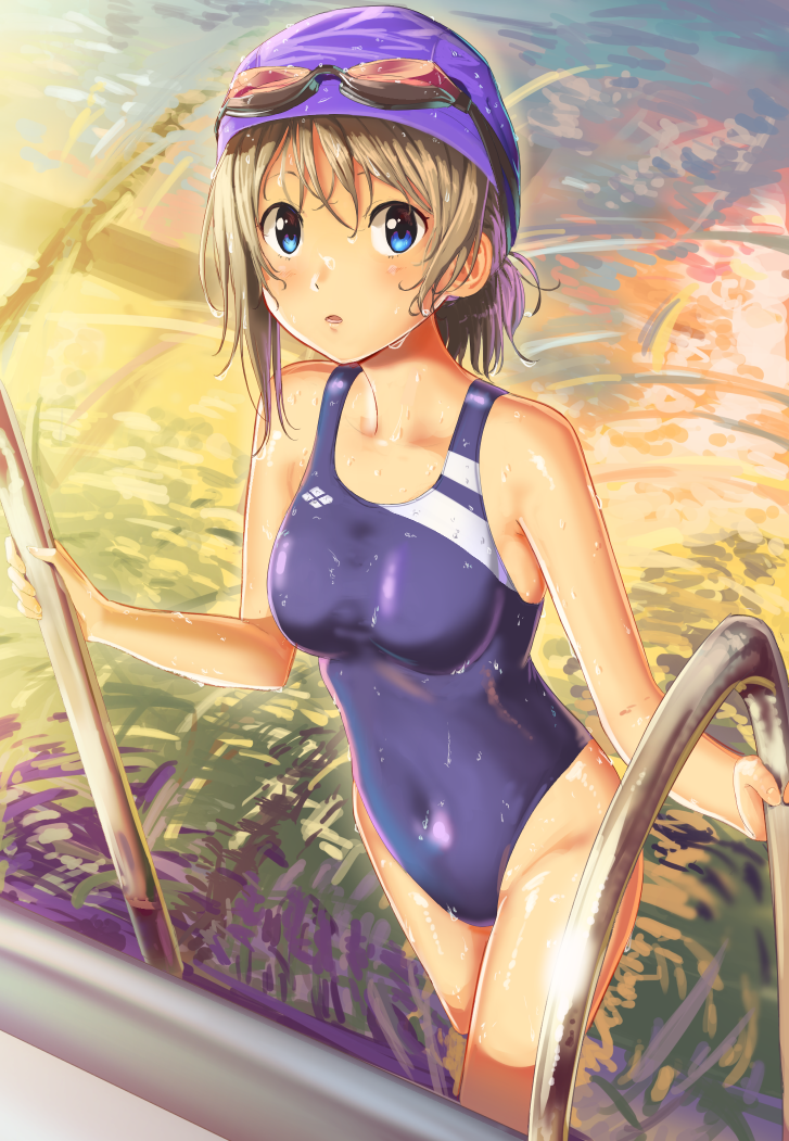 1girl blue_eyes blue_swimsuit breasts brown_eyes competition_swimsuit covered_navel cowboy_shot goggles goggles_on_head looking_at_viewer love_live! love_live!_sunshine!! medium_breasts one-piece_swimsuit poligon_(046) pool pool_ladder short_hair solo swim_cap swimsuit watanabe_you water wet wet_clothes wet_swimsuit