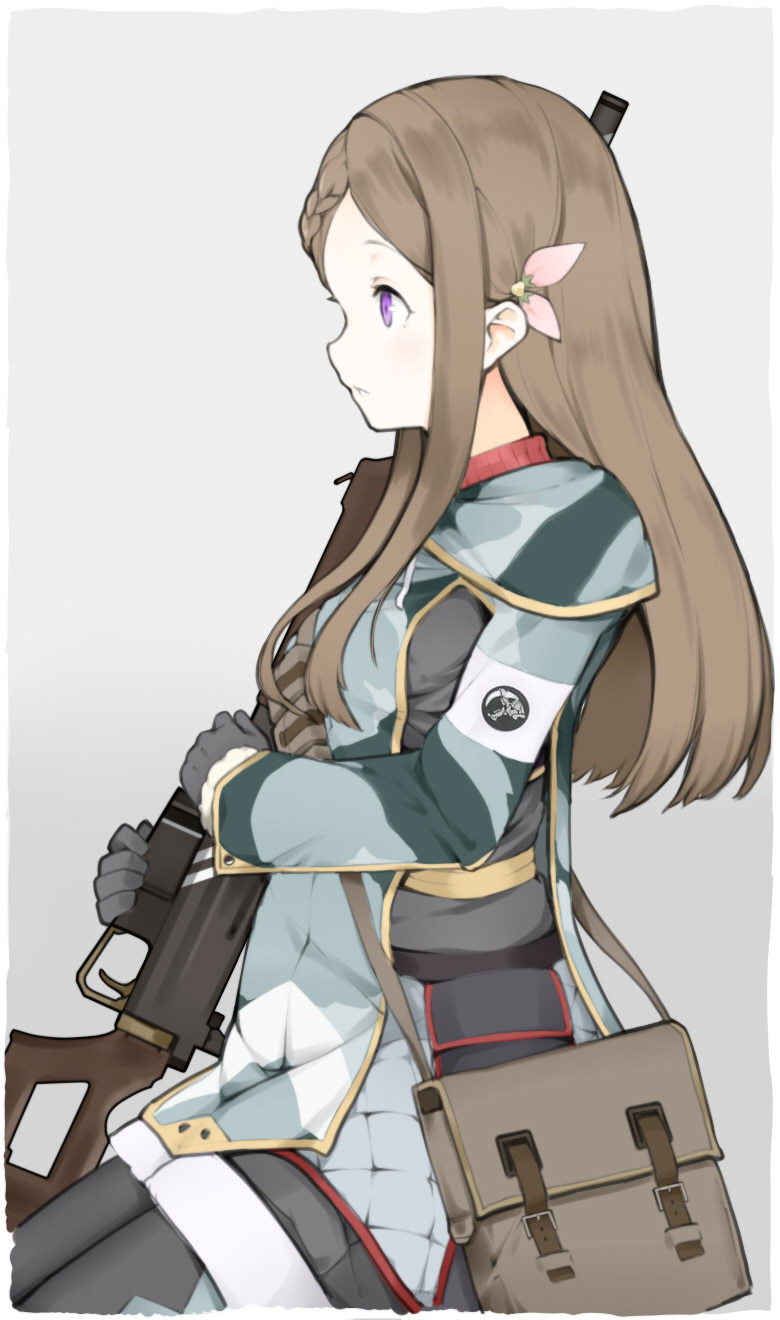 1girl armband braid brown_hair from_side gloves highres holding holding_weapon linnkou long_hair looking_to_the_side pouch senjou_no_valkyria senjou_no_valkyria_4 sidelocks sitting solo violet_eyes weapon