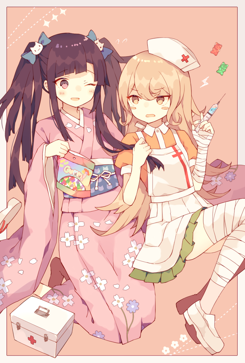 :d ;d alternate_hairstyle bandage bandaged_arm bandaged_leg black_hair blush blush_stickers cat_hair_ornament cosplay costume_switch dangan_ronpa first_aid_kit floral_print gummi_bear hair_ornament hairstyle_switch hat hatoichi_reno highres holding holding_hair japanese_clothes kimono long_hair nurse nurse_cap one_eye_closed open_mouth pink_background saionji_hiyoko sandals_removed smile super_dangan_ronpa_2 syringe tsumiki_mikan very_long_hair yukata