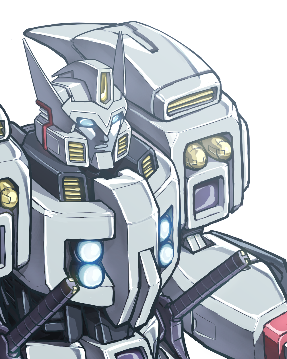 1boy artist_request autobot blue_eyes drift glowing highres katana looking_away looking_to_the_side machine machinery male mecha no_humans open_mouth robot simple_background solo sword transformers upper_body weapon white_background