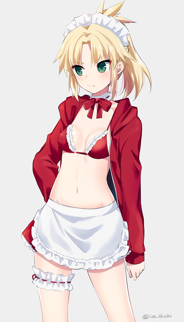 1girl apron arm_at_side bangs bikini_top blonde_hair blush breasts cleavage closed_mouth cowboy_shot eyebrows_visible_through_hair fate/apocrypha fate_(series) frilled_bikini_top frilled_skirt frills frown green_eyes grey_background ica jacket leg_garter long_hair long_sleeves looking_away looking_to_the_side maid_headdress navel open_clothes open_jacket parted_bangs ponytail red_bikini_top red_jacket red_ribbon red_skirt ribbon saber_of_red sidelocks simple_background skirt small_breasts stomach tsurime twitter_username waist_apron white_apron