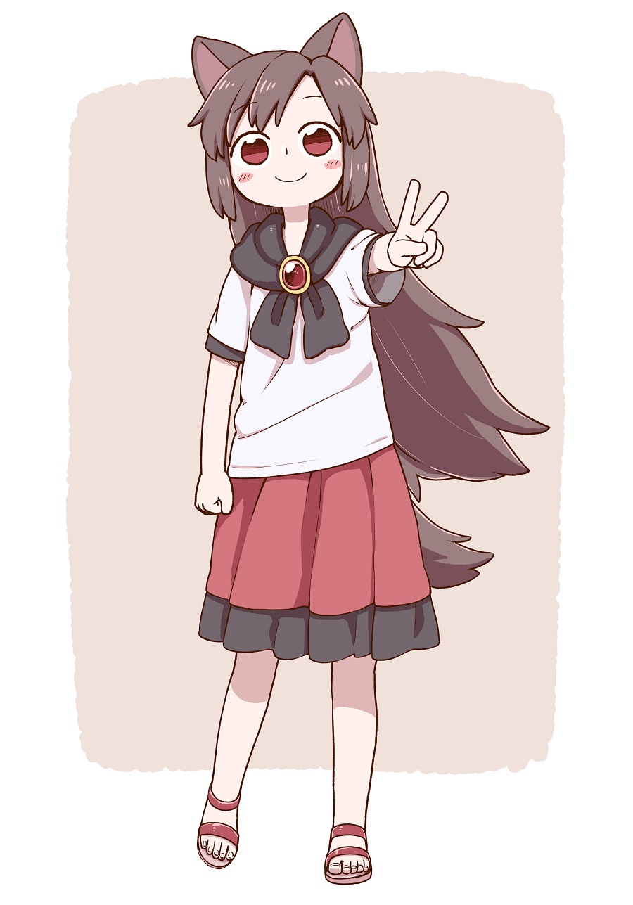 animal_ears blush_stickers brown_hair child clenched_hand commentary_request full_body highres imaizumi_kagerou looking_at_viewer poronegi red_eyes red_skirt sandals sandals_barefoot shirt skirt smile standing tail touhou v white_shirt wolf_ears wolf_tail