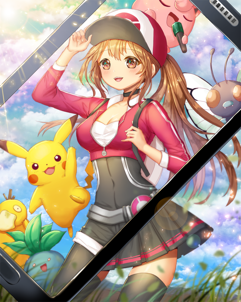 1girl :d adjusting_clothes adjusting_hat backpack bag black_choker black_legwear black_skirt blush breasts brown_hair butterfree cellphone day female_protagonist_(pokemon_go) hat jigglypuff jumping long_hair medium_breasts oddish open_mouth outdoors phone pikachu pocket_monsters_pipipi_adventure pokemon pokemon_(game) pokemon_go ponytail psyduck skirt smartphone smile standing sunlight tanzzi thigh-highs