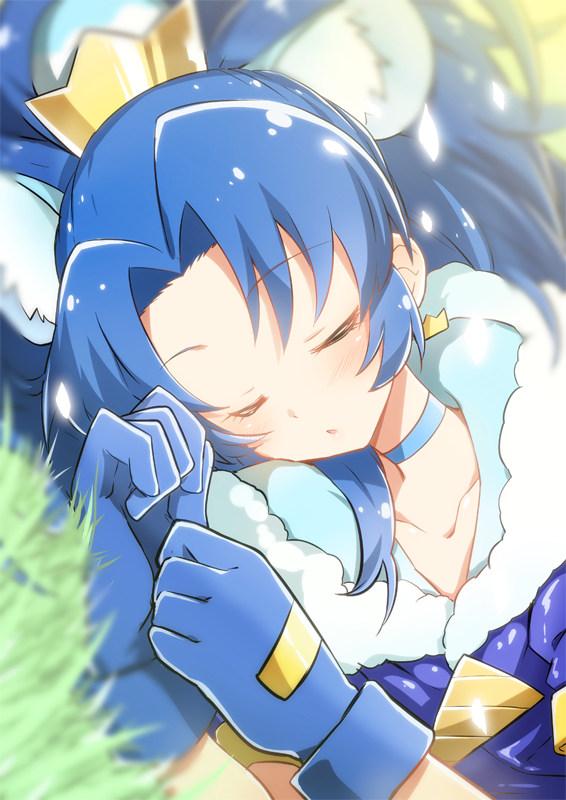 1girl animal_ears blue_choker blue_gloves blue_hair choker crown cure_gelato earrings extra_ears gloves grass jewelry kirakira_precure_a_la_mode lion_ears magical_girl mini_crown open_mouth precure sleeping solo sunlight tategami_aoi yuto_(dialique)