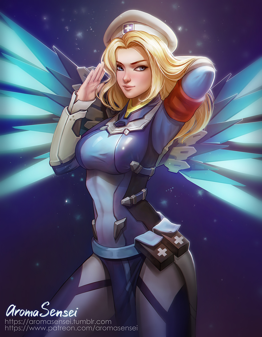 1girl alternate_costume alternate_hairstyle arm_behind_head armband aroma_sensei artist_name belt beret blonde_hair blue_background blue_bodysuit blue_eyes bodysuit breasts combat_medic_ziegler cowboy_shot glowing glowing_wings hat light_particles light_smile long_hair long_sleeves looking_at_viewer mechanical_wings medium_breasts mercy_(overwatch) nose overwatch pelvic_curtain salute signature solo utility_belt watermark web_address white_hat wings