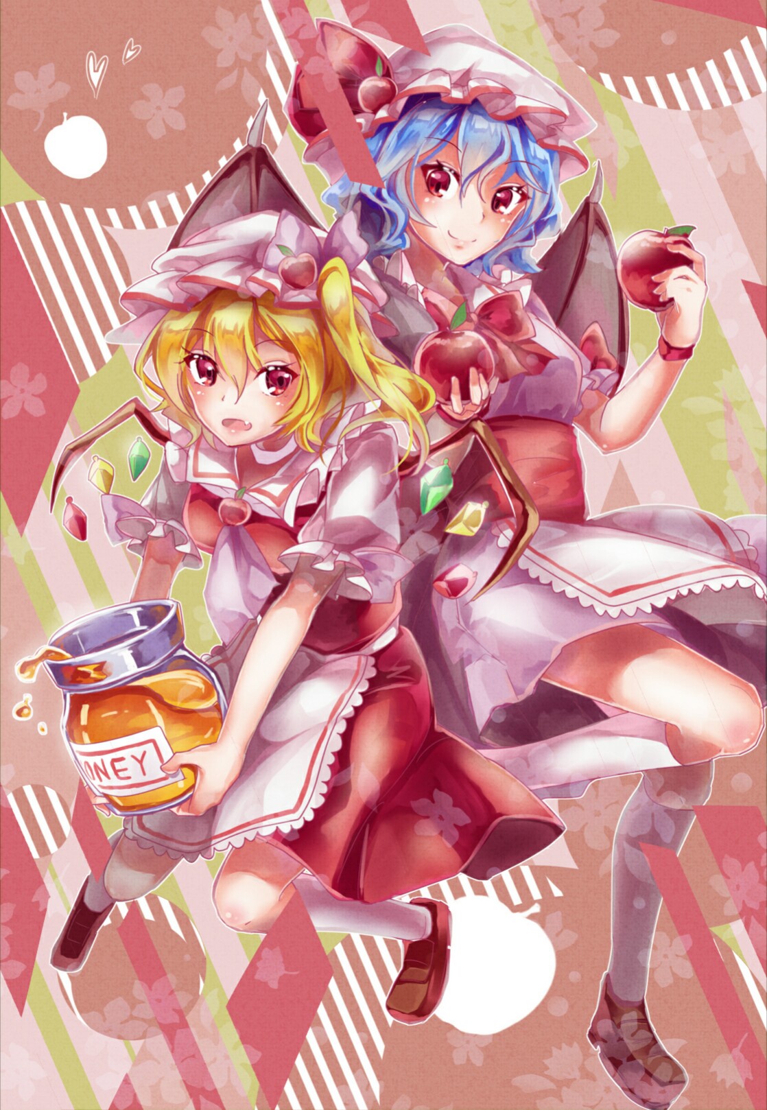 2girls apron bat_wings blonde_hair blue_hair bow fangs flandre_scarlet food frills hat hat_bow hat_ribbon highres holding holding_food looking_at_viewer mob_cap multiple_girls puffy_short_sleeves puffy_sleeves red_eyes red_ribbon red_shirt red_shoes remilia_scarlet ribbon shirt shoes shometsu-kei_no_teruru short_sleeves siblings sisters smile touhou wings wrist_cuffs