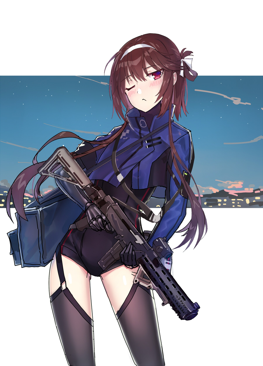 1girl bag blush brown_hair cyborg duffel_bag echj garter_straps girls_frontline gun hairband highres long_hair looking_at_viewer magpul mechanical_arm one_eye_closed red_eyes solo submachine_gun thigh-highs type_79_(girls_frontline) type_79_smg weapon