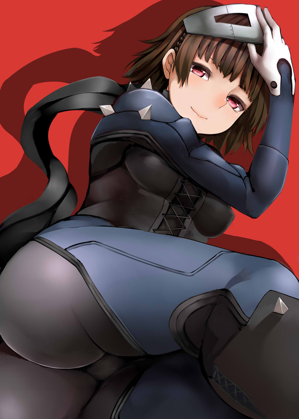 1girl bodysuit breasts brown_hair gloves highres looking_at_viewer lying mask nemu_(nebusokugimi) niijima_makoto on_side persona persona_5 pink_eyes red_background scarf short_hair smile solo spikes thighs