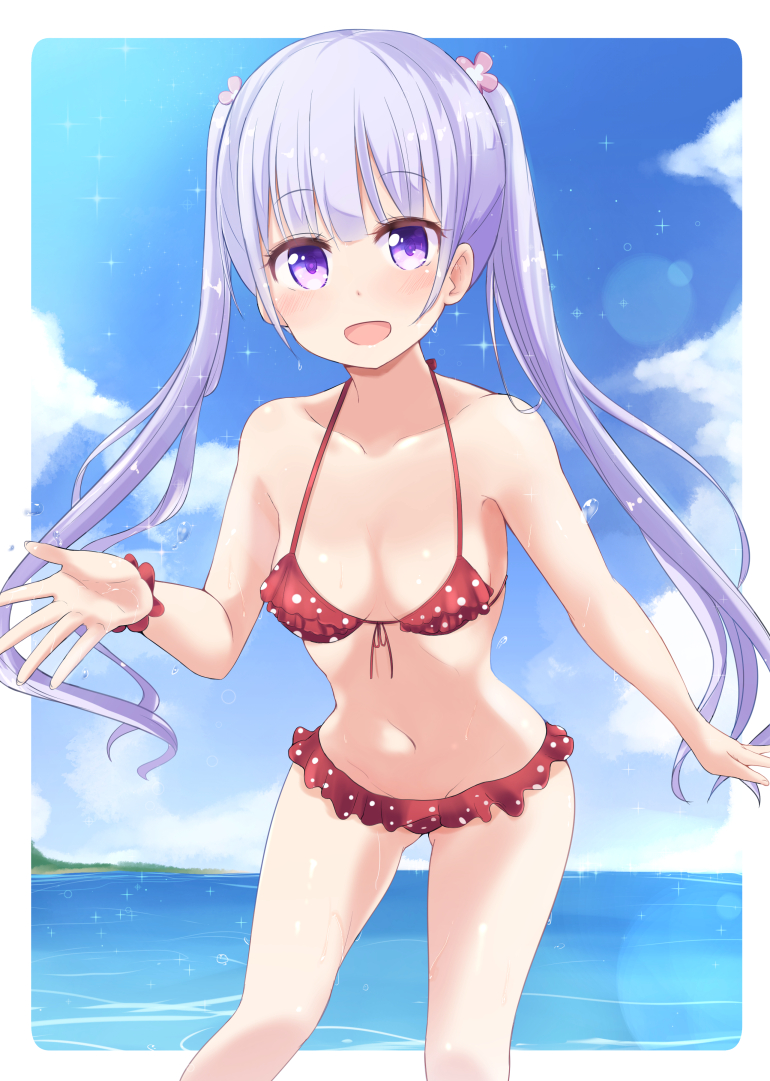 1girl :d beach bikini blush breasts cleavage collarbone day eyebrows_visible_through_hair frilled_bikini frills gluteal_fold hair_ornament long_hair looking_at_viewer neneru new_game! ocean open_mouth outdoors polka_dot polka_dot_bikini red_bikini shiny shiny_skin sideboob silver_hair small_breasts smile solo standing suzukaze_aoba swimsuit twintails very_long_hair violet_eyes wet wrist_cuffs