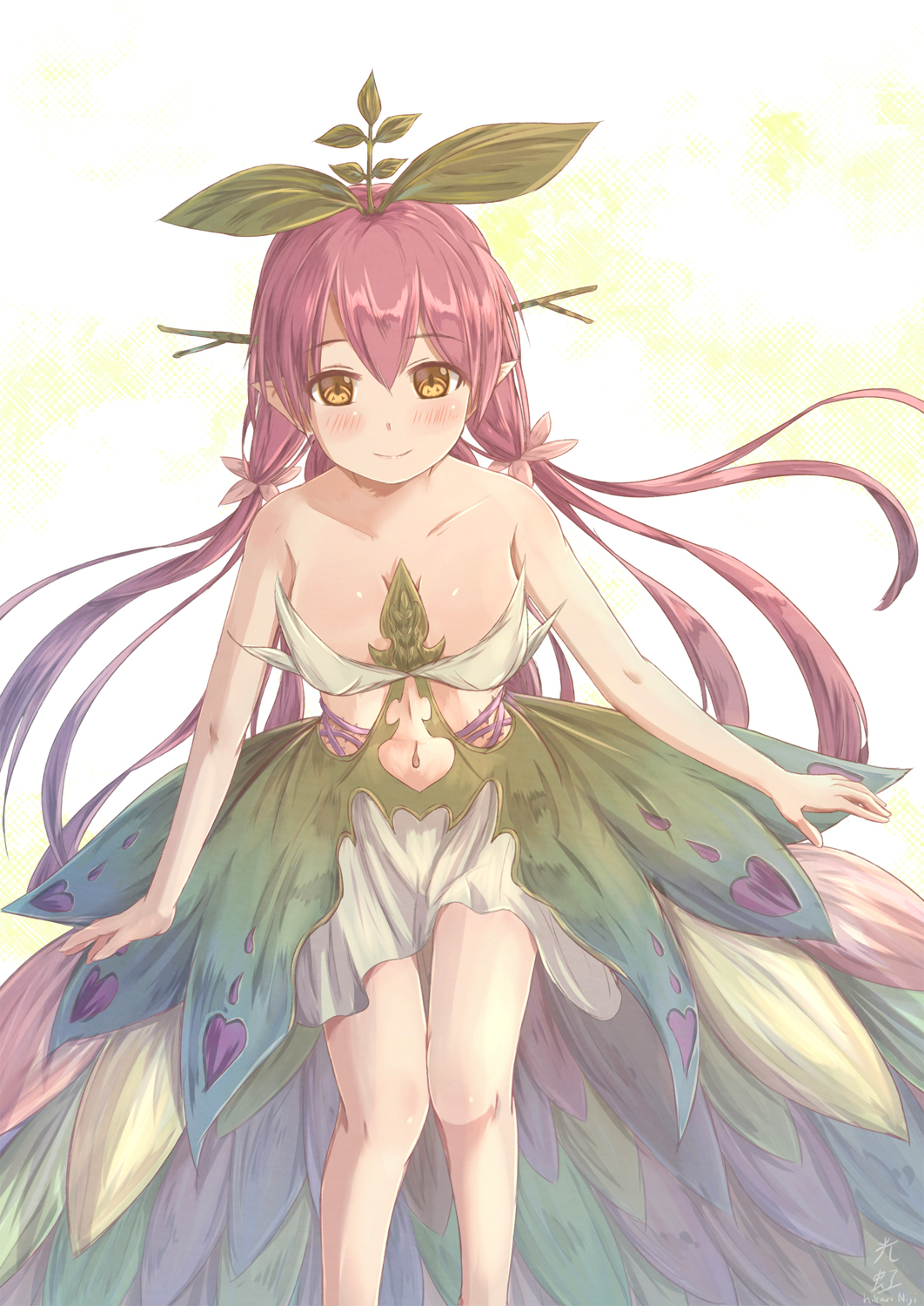 1girl artist_name bare_shoulders blush breasts brown_eyes cleavage closed_mouth collarbone commentary eyebrows_visible_through_hair granblue_fantasy hair_between_eyes highres hikari_niji long_hair looking_at_viewer low_twintails medium_breasts navel pink_hair plant_girl pointy_ears skirt smile solo twintails very_long_hair yggdrasill_(granblue_fantasy)