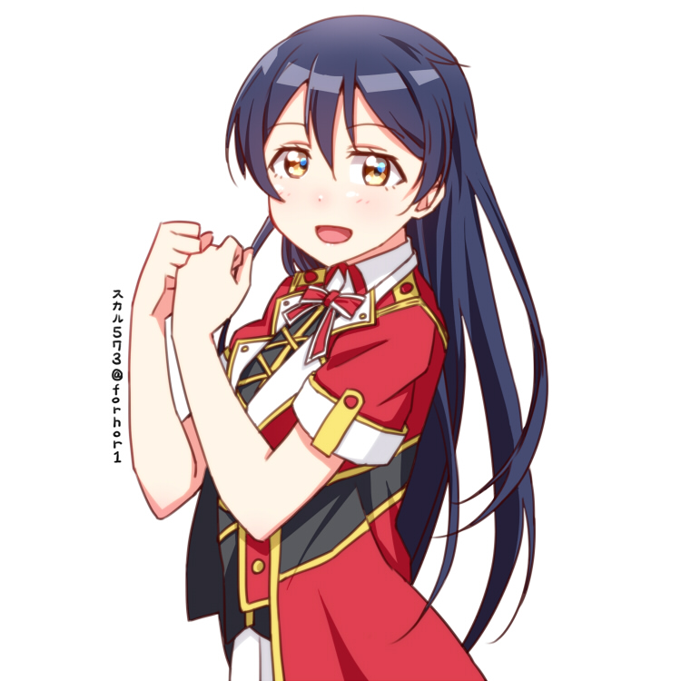 1girl arms_up bangs blue_hair blush bokura_no_live_kimi_to_no_life commentary_request hair_between_eyes long_hair looking_at_viewer love_live! love_live!_school_idol_project open_mouth simple_background skull573 smile solo sonoda_umi yellow_eyes