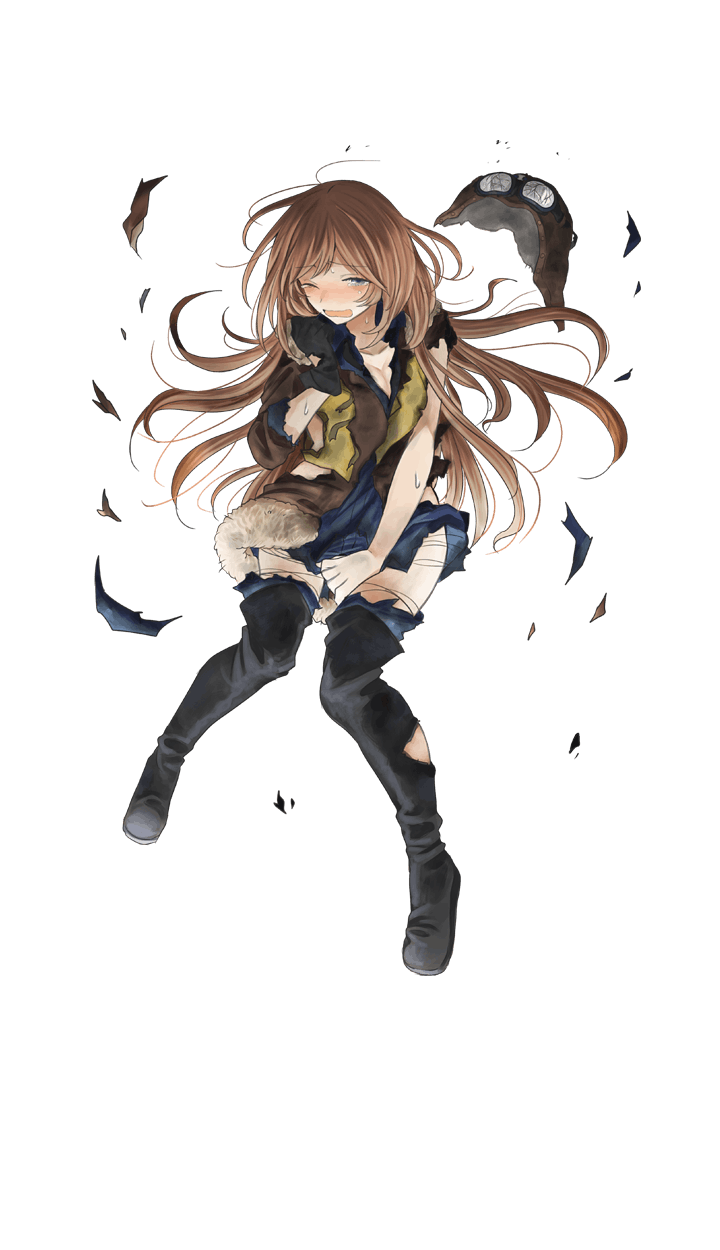 1girl black_boots black_gloves blue_eyes blush boots brown_jacket eyebrows_visible_through_hair formation_girls full_body gloves highres josefina_frantisek kurodeko light_brown_hair long_hair official_art open_mouth solo thigh-highs thigh_boots torn_clothes transparent_background very_long_hair yellow_vest