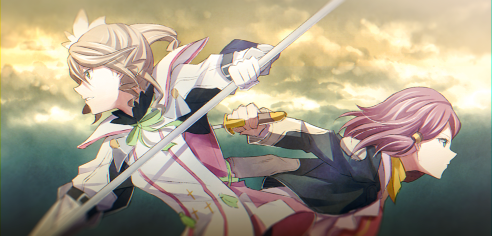 2girls alisha_diphda brown_hair from_side gloves green_eyes hair_ornament hair_ribbon holding holding_knife holding_weapon knife mishiro_(andante) multiple_girls parted_lips polearm ribbon rose_(tales) short_hair side_ponytail tales_of_(series) tales_of_zestiria upper_body weapon white_gloves white_ribbon