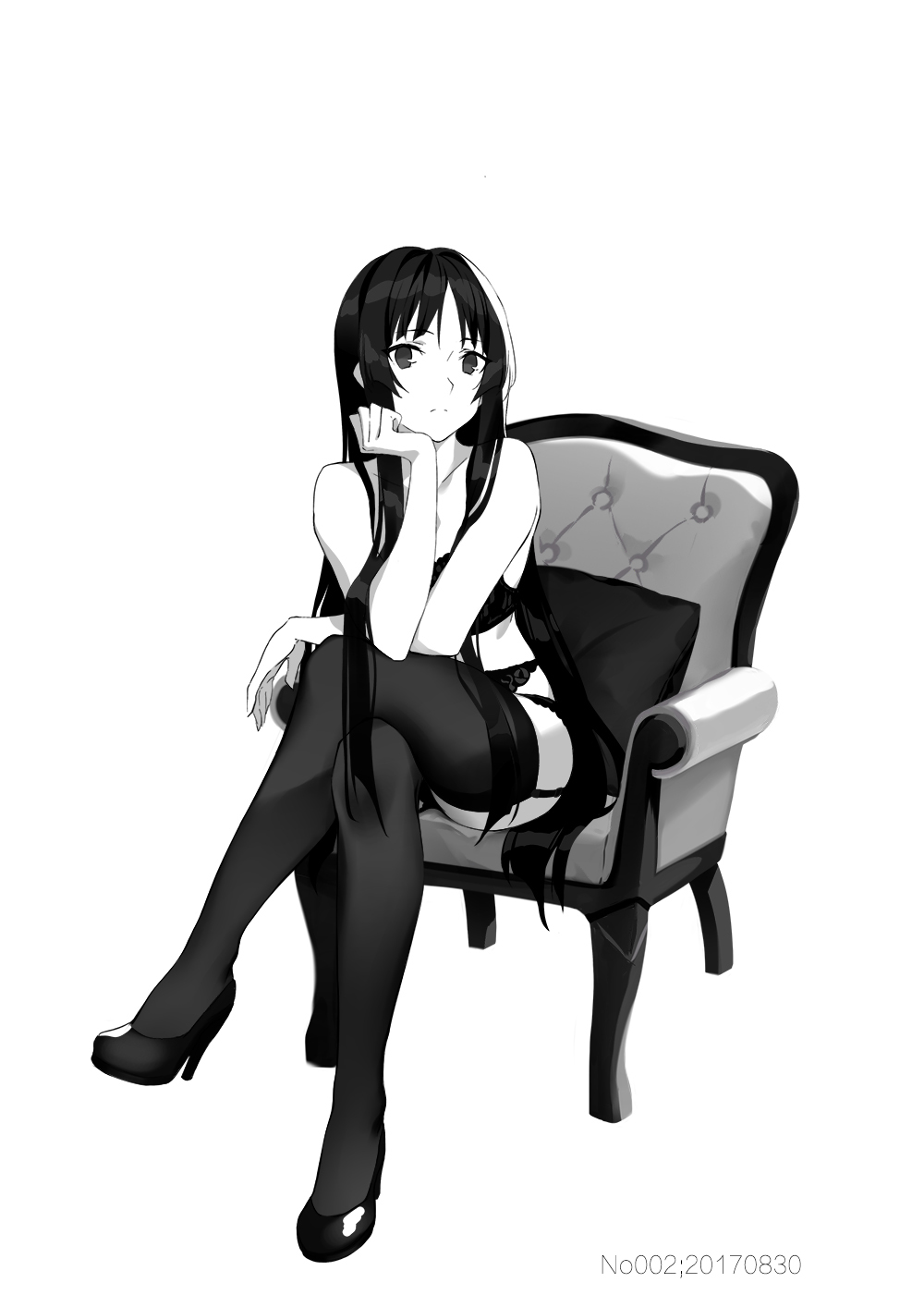 1girl akiyama_mio bra chair chin_rest dated garter_straps greyscale hand_on_own_chin high_heels highres k-on! legs_crossed looking_at_viewer monochrome panties simple_background sitting solo thigh-highs underwear white_background zjm530280188