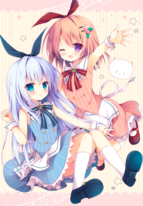 2girls :o ;d angora_rabbit apron aqua_eyes arm_up armpits bangs bare_shoulders blue_ribbon blue_shirt blue_shoes blue_skirt blush brooch collared_shirt commentary_request eyebrows_visible_through_hair flat_chest frilled_skirt frills full_body gochuumon_wa_usagi_desu_ka? hair_ornament hair_ribbon hairclip hoto_cocoa izumiyuhina jewelry kafuu_chino kneehighs knees_together_feet_apart light_blue_hair long_hair looking_at_viewer mary_janes matching_outfit multiple_girls one_eye_closed open_mouth orange_hair pink_shirt pink_skirt rabbit red_ribbon red_shoes ribbon shirt shoes sidelocks skirt sleeveless sleeveless_shirt smile star striped striped_shirt tippy_(gochiusa) two-tone_background vertical-striped_background vertical-striped_shirt vertical-striped_skirt vertical_stripes violet_eyes waist_apron white_apron wrist_cuffs