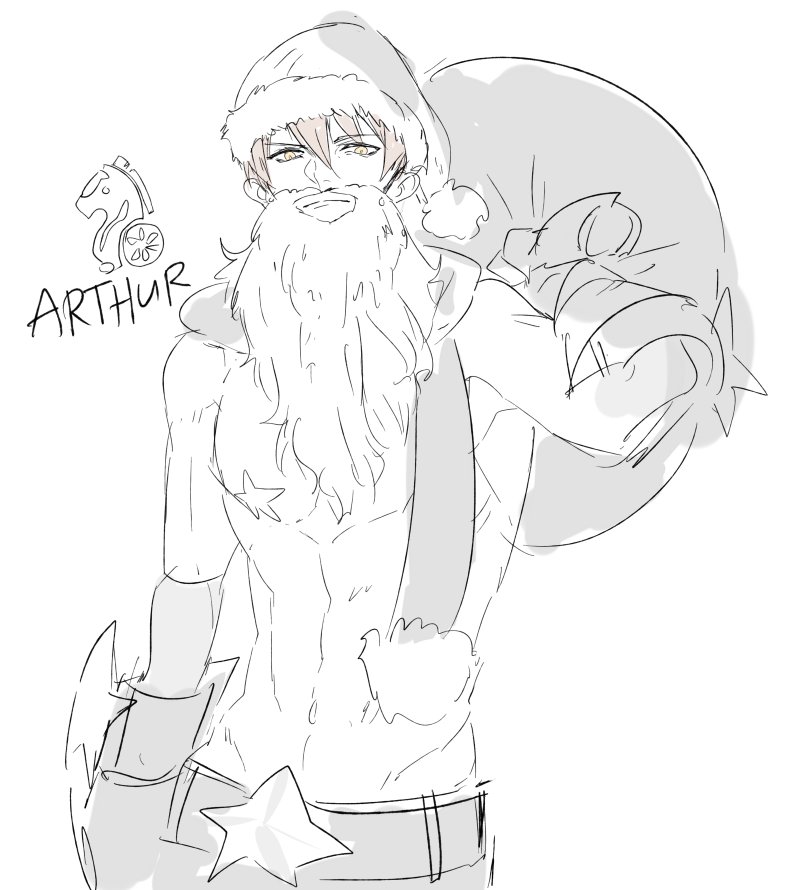 1boy artoria_pendragon_(all) belt carrying_over_shoulder fake_beard fate/grand_order fate/prototype fate_(series) genderswap genderswap_(ftm) hat male_focus pasties pvc_parfait saber_(fate/prototype) saber_alter sack santa_alter santa_hat scarf shirtless simple_background sketch solo star_pasties white_background yellow_eyes