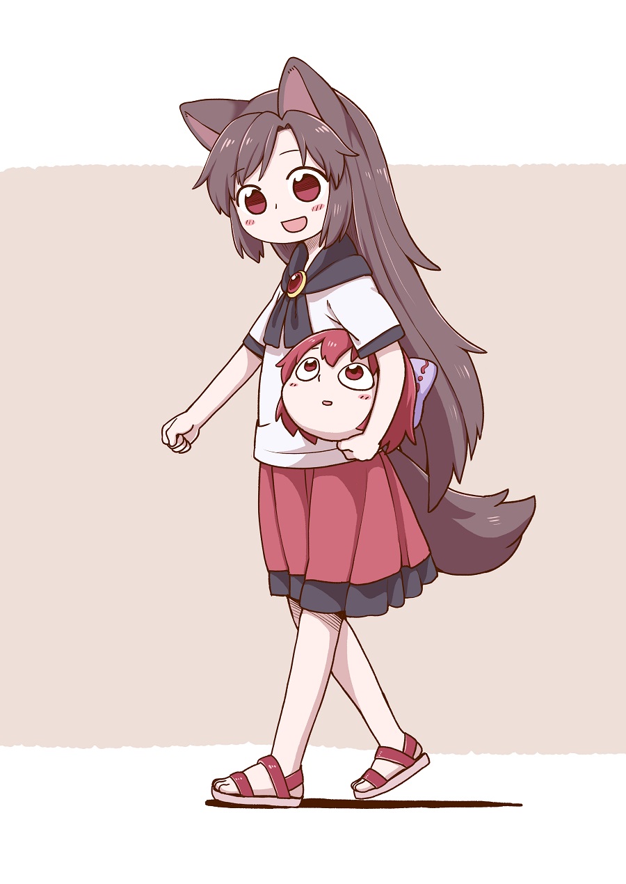 :d animal_ears blush_stickers brown_hair child clenched_hand commentary_request disembodied_head from_side full_body hair_ribbon highres holding_head imaizumi_kagerou looking_down looking_up open_mouth poronegi red_eyes red_skirt ribbon sandals sandals_barefoot sekibanki shadow shirt skirt smile tail touhou walking white_shirt wolf_ears wolf_tail