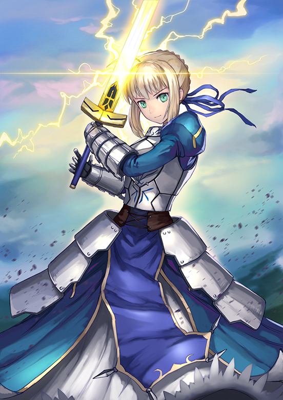 &gt;:) 1girl aqua_eyes armor armored_dress artoria_pendragon_(all) blonde_hair blue_dress closed_mouth clouds cloudy_sky commentary dress energy_sword excalibur fate/stay_night fate_(series) gauntlets hair_ribbon holding holding_sword holding_weapon juliet_sleeves long_sleeves looking_at_viewer maekawa_yuichi outdoors puffy_sleeves ribbon saber sky smile solo standing sword tied_hair weapon