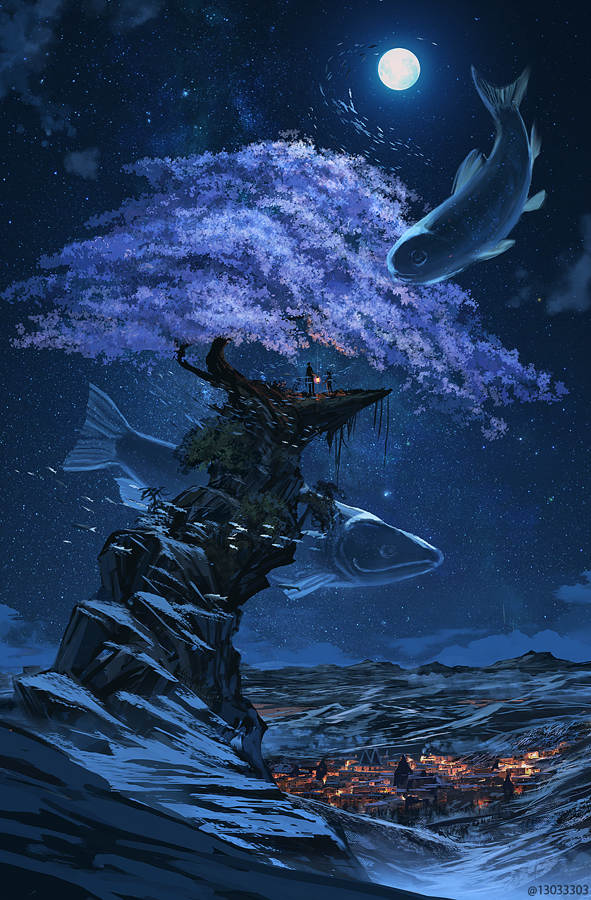 animal arizuka_(13033303) fantasy fish flying_fish full_moon highres moon night night_sky original oversized_animal sky star_(sky) tree village
