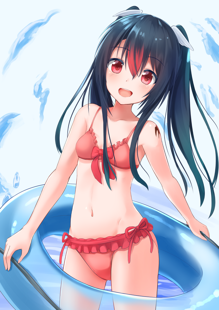 akabane_hibame bikini black_hair breasts cowboy_shot frilled_bikini frills front-tie_top groin highres innertube long_hair looking_at_viewer multicolored_hair navel open_mouth original red_bikini red_eyes redhead side-tie_bikini small_breasts smile swimsuit twintails two-tone_hair upper_teeth