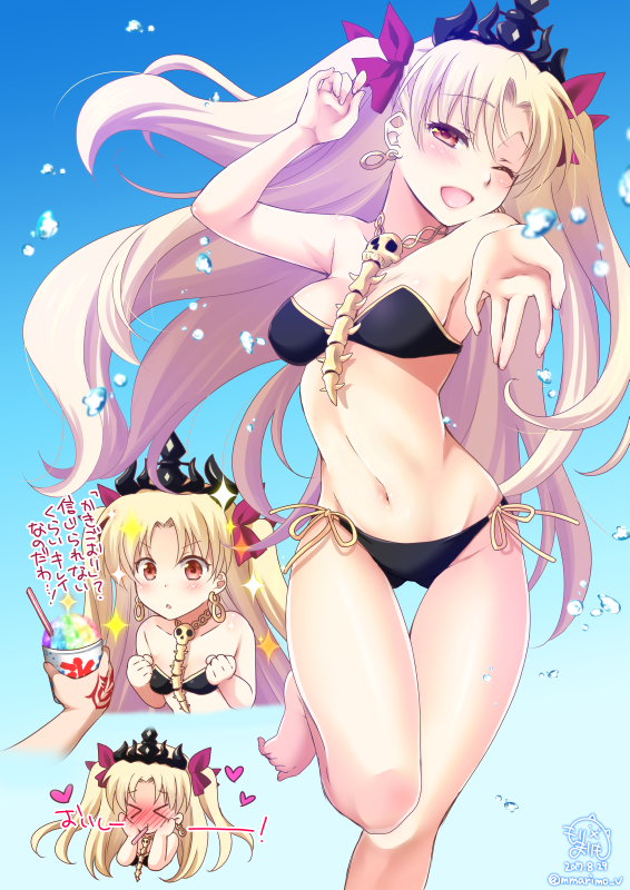 &gt;:o &gt;_&lt; 1girl :o alternate_costume bangs barefoot bikini black_bikini blonde_hair blue_background blush bow breasts command_spell dated earrings eating ereshkigal_(fate/grand_order) eyebrows_visible_through_hair fate/grand_order fate_(series) food full-face_blush heart holding jewelry long_hair looking_at_viewer looking_away medium_breasts mori_marimo multiple_views navel one_eye_closed open_mouth parted_bangs parted_lips red_bow red_eyes shaved_ice side-tie_bikini solo spine standing swimsuit tiara tohsaka_rin twintails two_side_up