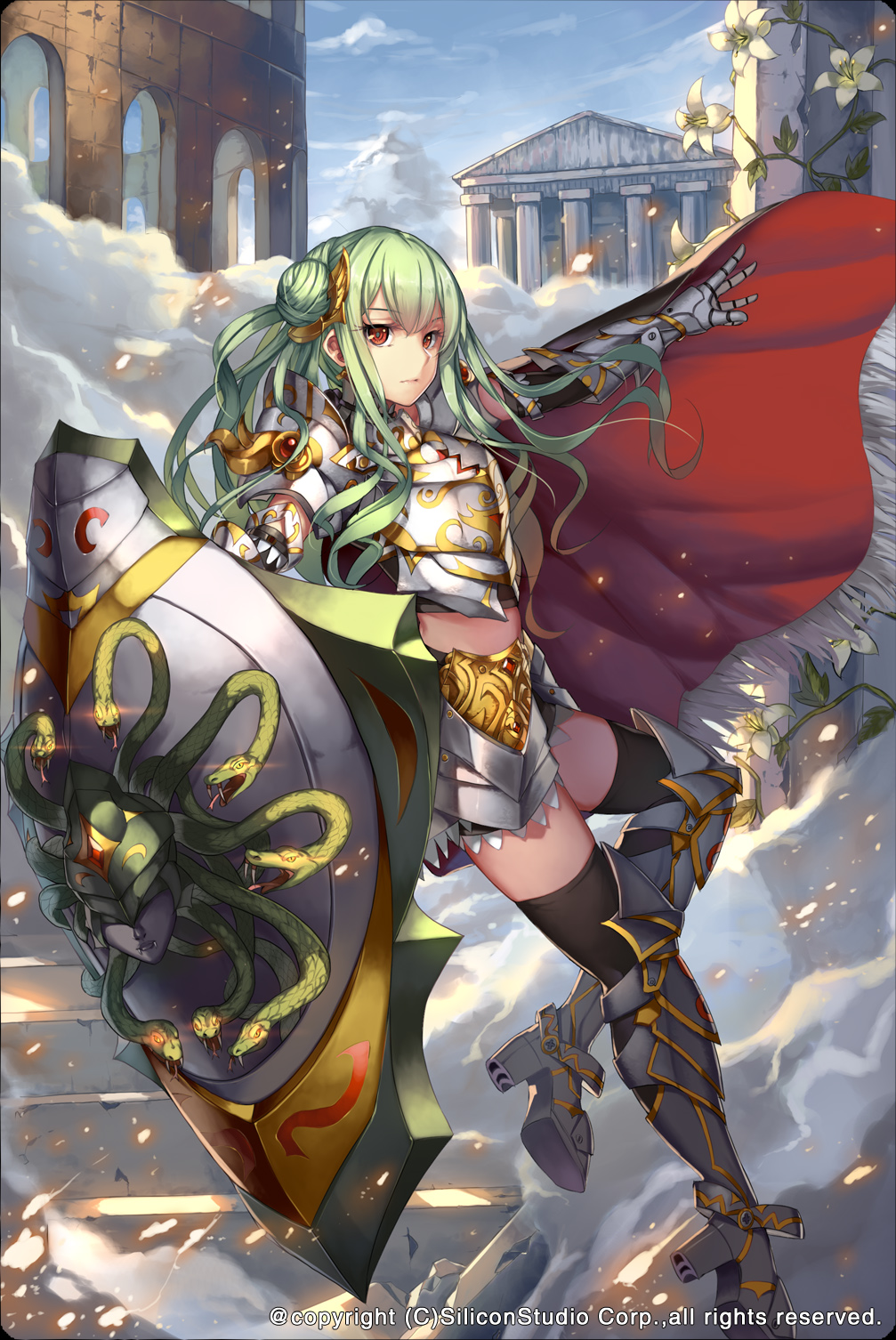 1girl armor bangs blue_sky boots building cape closed_mouth clouds cloudy_sky commentary_request flower fog gauntlets gorgon green_hair gyakushuu_no_fantasica hair_bun hair_ornament high_heel_boots high_heels highres holding_shield long_hair looking_at_viewer midriff official_art outdoors red_cape red_eyes shield sky snake_hair solo stairs thighhighs_under_boots watermark weiyinji_xsk