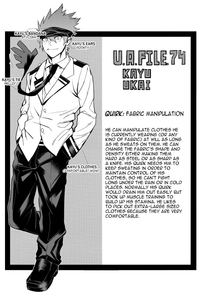 1boy baggy_clothes boku_no_hero_academia directional_arrow english fake_scan fang fang_out full_body greyscale hands_in_pockets headband male_focus monochrome original pointy_ears profile_page simple_background solo spiky_hair standing standing_on_one_leg waving white_background zhineart