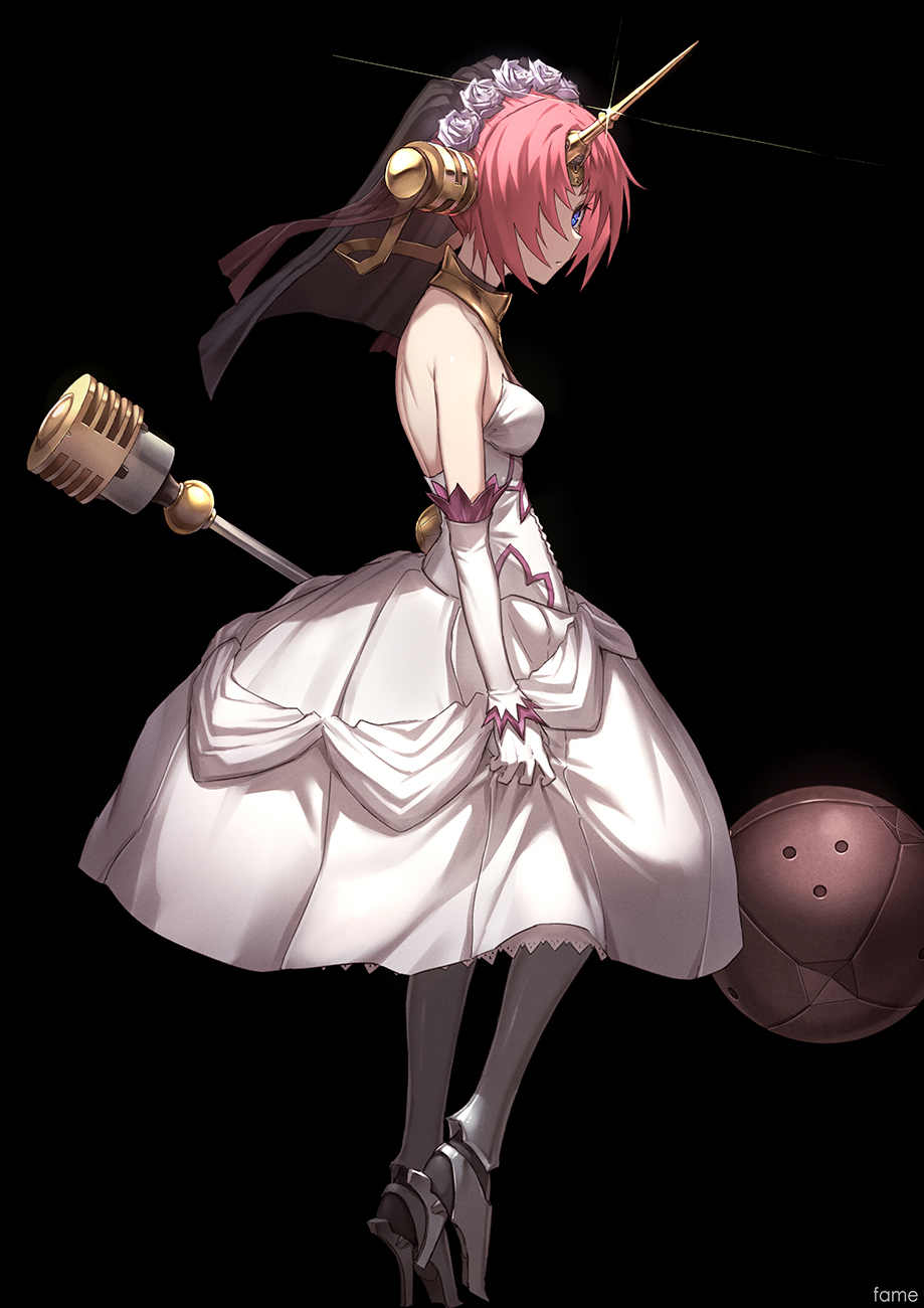 1girl artist_name bangs bare_shoulders berserker_of_black black_background blue_eyes breasts closed_mouth dress elbow_gloves expressionless famepeera fate/apocrypha fate_(series) full_body glint gloves hair_over_one_eye highres horn looking_at_viewer mace mechanical_legs parted_bangs pink_hair short_hair simple_background small_breasts solo veil weapon white_dress white_gloves