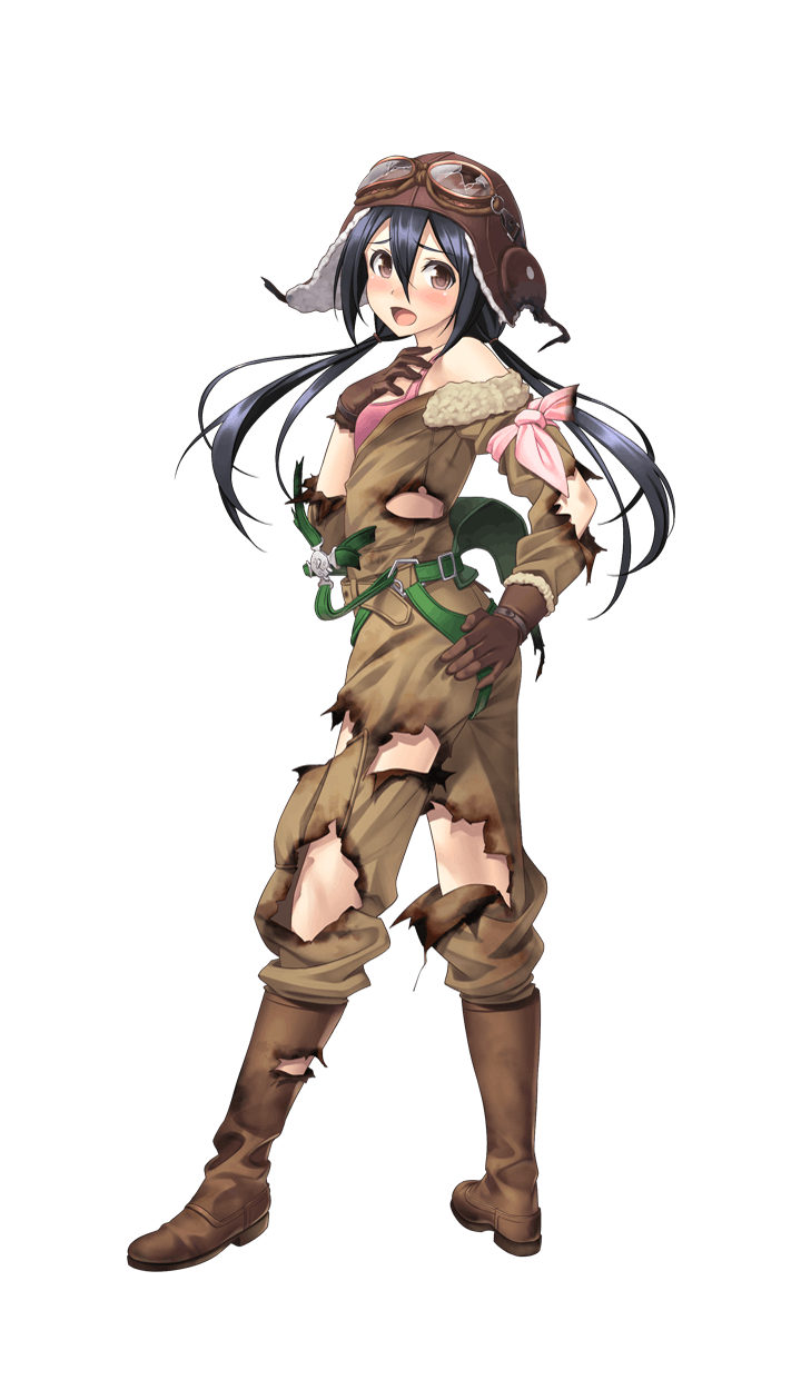 1girl :o aviator_cap black_hair blush boots bra brown_boots brown_eyes brown_gloves formation_girls from_side full_body gloves goggles goggles_on_headwear hair_between_eyes hand_on_own_ass hand_on_own_chest highres looking_at_viewer official_art ozaki_rin pink_bra pink_ribbon ribbon solo tenkuu_nozora torn_clothes transparent_background twintails underwear