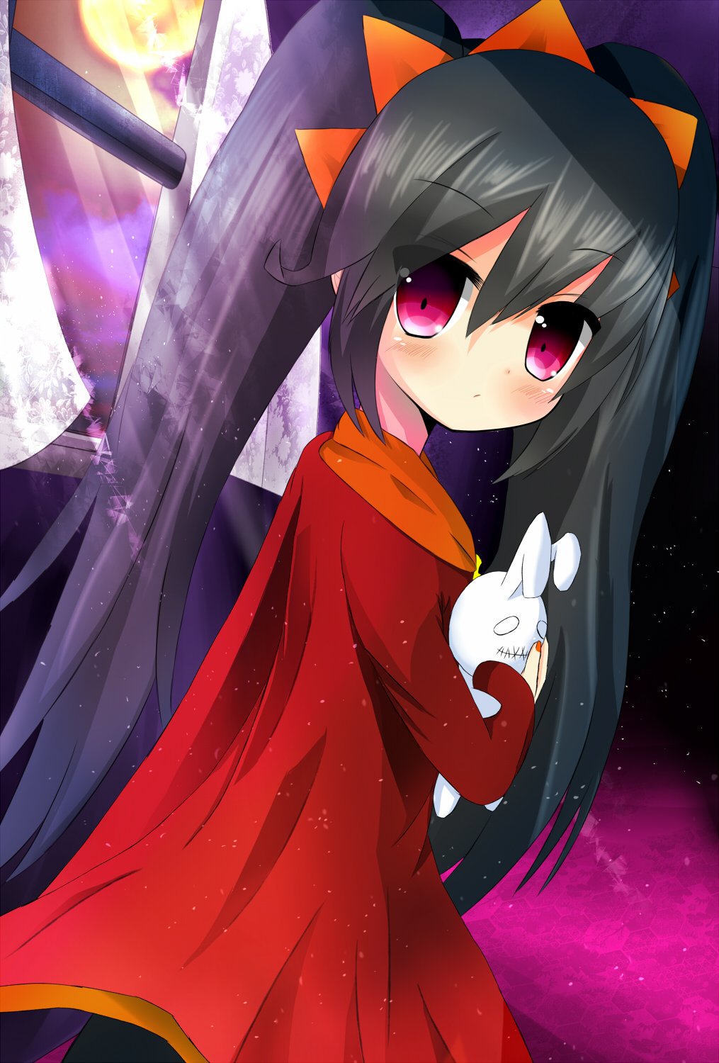 1girl ashley_(warioware) black_hair black_legwear blush clouds commentary_request curtains dress dutch_angle eyebrows_visible_through_hair from_side full_moon hair_between_eyes hairband highres holding holding_stuffed_animal long_hair looking_at_viewer looking_to_the_side merata_riji moon moonbeam moonlight night night_sky open_window red_dress sky solo star_(sky) starry_sky stitched_mouth stitches stuffed_animal stuffed_bunny stuffed_toy transparent twintails very_long_hair violet_eyes warioware