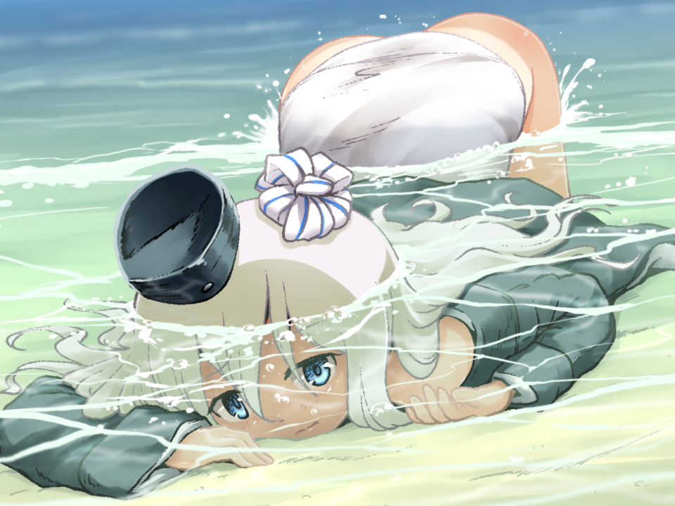 1girl all_fours black_hat black_jacket blonde_hair blue_eyes cropped_jacket futatsuki_hisame garrison_cap hair_ornament hat jacket kantai_collection long_hair one-piece_tan partially_submerged ribbon school_swimsuit solo striped striped_ribbon swimsuit tan tanline u-511_(kantai_collection) water white_school_swimsuit white_swimsuit