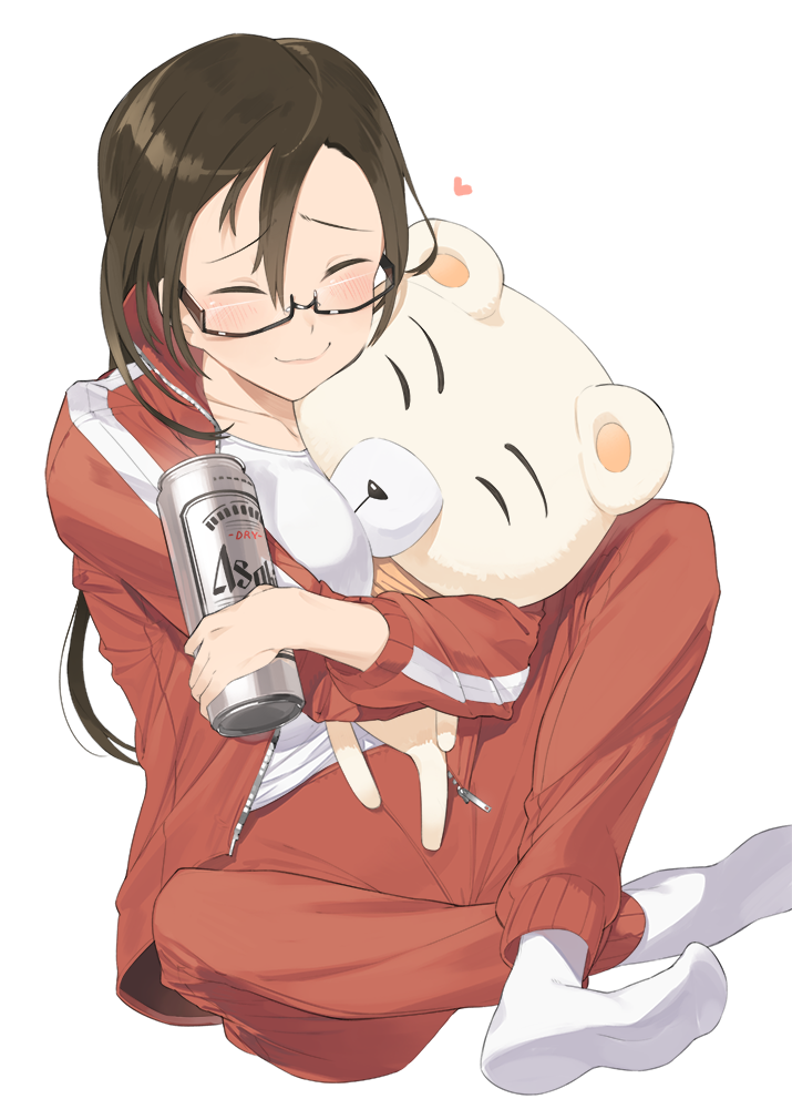 1girl alcohol asahi_breweries bangs beer beer_can between_breasts breasts brown_hair can closed_eyes commentary demi-chan_wa_kataritai demon_girl glasses hair_between_eyes happy hayashi_kewi heart holding hug indian_style jacket large_breasts pants parted_bangs satou_sakie simple_background sitting socks solo stuffed_animal stuffed_toy succubus tank_top teddy_bear track_jacket track_pants track_suit unzipped white_background white_legwear zipper