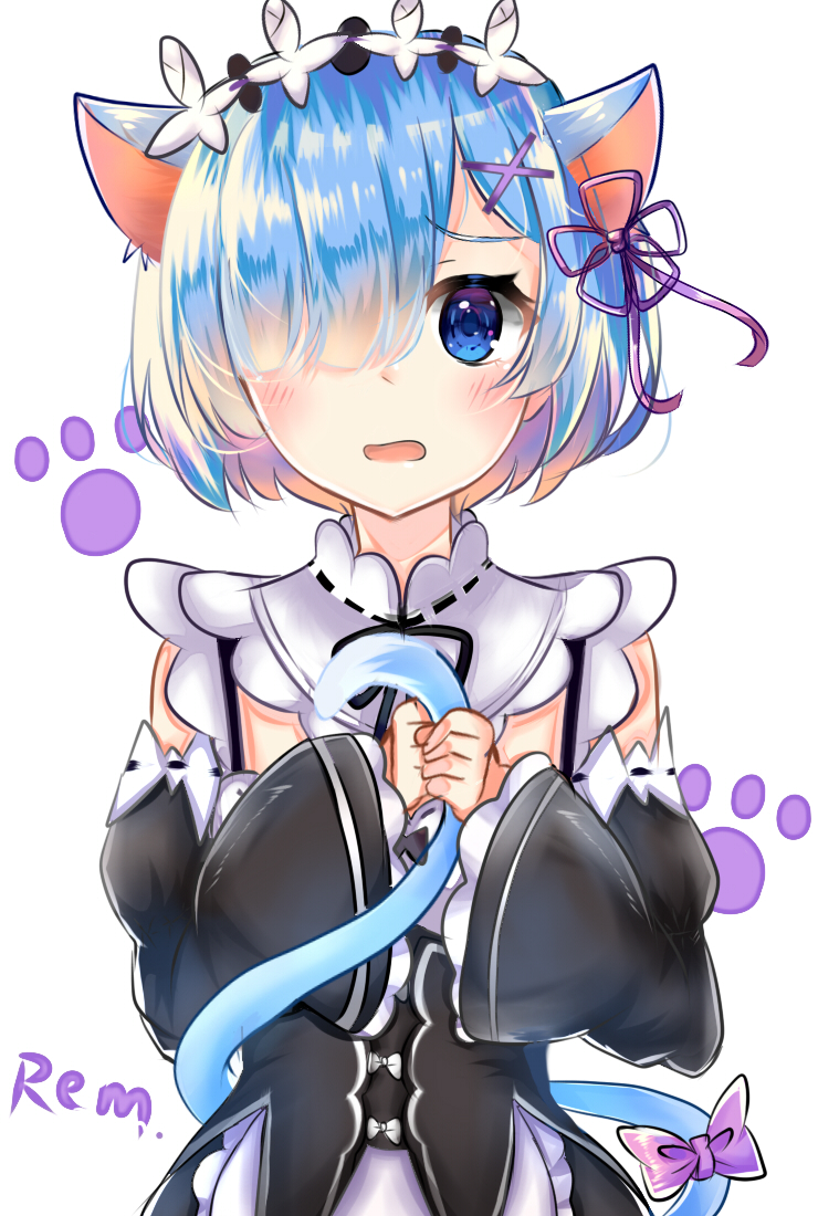 1girl animal_ears black_ribbon blue_eyes blue_hair bow cat_ears cat_tail choker detached_sleeves hair_over_one_eye hair_ribbon head_wreath neck_ribbon open_mouth purple_bow purple_ribbon re:zero_kara_hajimeru_isekai_seikatsu rem_(re:zero) ribbon ribbon-trimmed_sleeves ribbon_trim short_hair simple_background solo standing tail tail_bow white_background