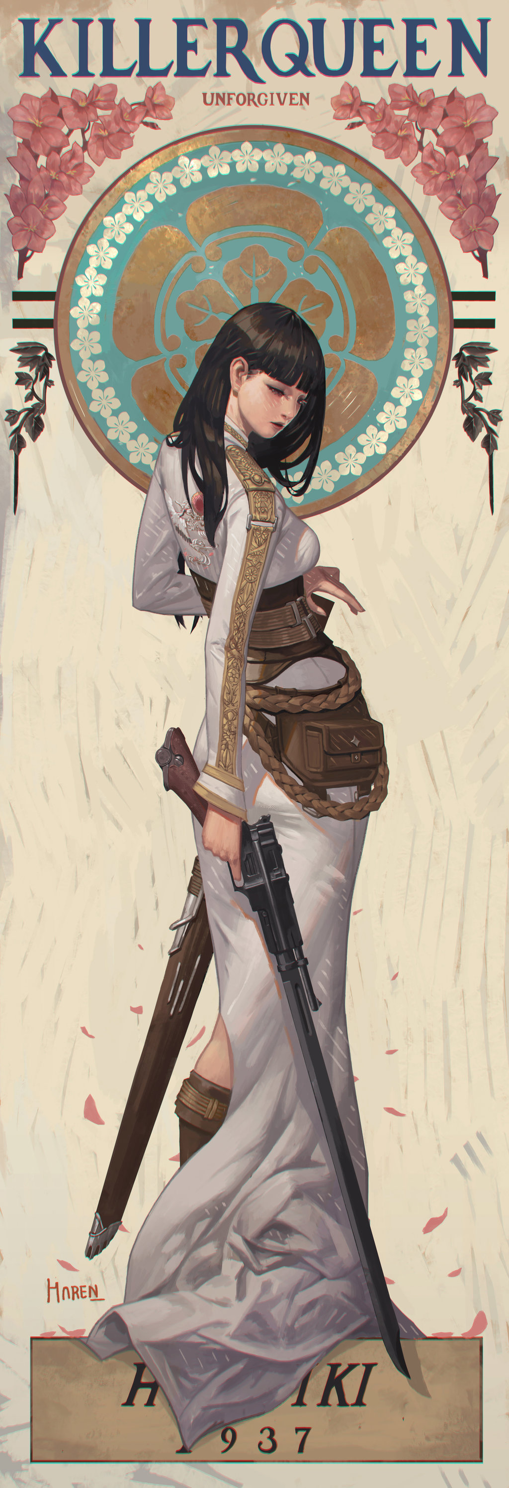 1girl 30s absurdres art_nouveau bird black_hair corset crane_(animal) epaulettes gunblade highres hime_cut holding holding_weapon japanese_clothes kim_han_seul long_hair long_skirt military multiple_belts original petals skirt solo weapon white_skirt