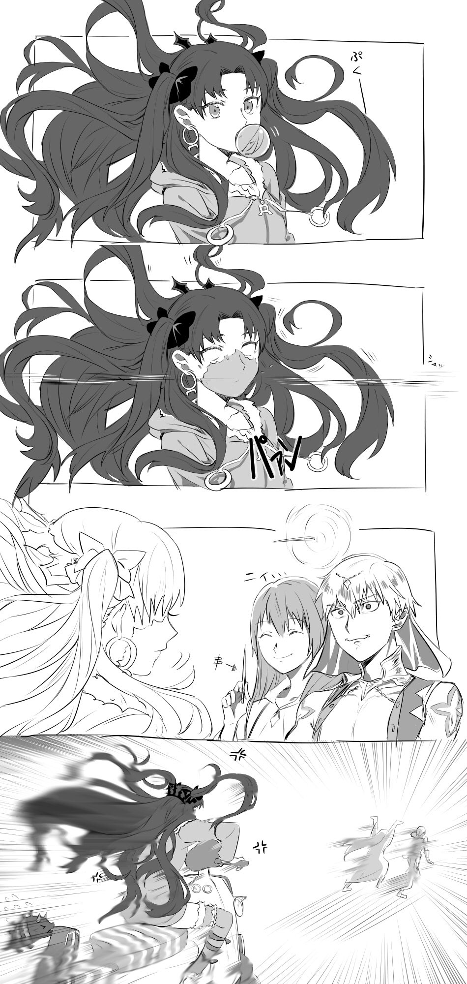 1boy 1girl 4koma androgynous anger_vein angry arabian_clothes bangs bubblegum chasing chewing_gum closed_mouth comic crown earrings enkidu_(fate/strange_fake) fate/grand_order fate/stay_night fate/strange_fake fate_(series) floating_hair gilgamesh gilgamesh_(caster)_(fate) gum hair_between_eyes hair_ribbon highres hood hoodie hoop_earrings ishtar_(fate/grand_order) jewelry laughing long_hair looking_at_another looking_at_viewer monochrome mouth_hold neck necklace needle open_mouth parted_bangs ribbon riding robe running scooter short_hair smile surprised thigh-highs tohsaka_rin two_side_up type-moon upper_body vehicle