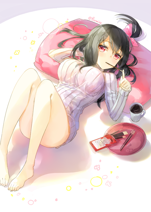 1girl bangs bare_legs barefoot bow breasts closed_mouth cup eyebrows_visible_through_hair food food_in_mouth fuumi_(radial_engine) grey_sweater hair_bow index_finger_raised large_breasts long_hair looking_at_viewer lying mouth_hold mug on_back one_side_up original pillow pink_bow pink_eyes pocky pocky_day ribbed_sweater sleeves_past_wrists solo sweater tareme thighs tray turtleneck turtleneck_sweater twitter_username