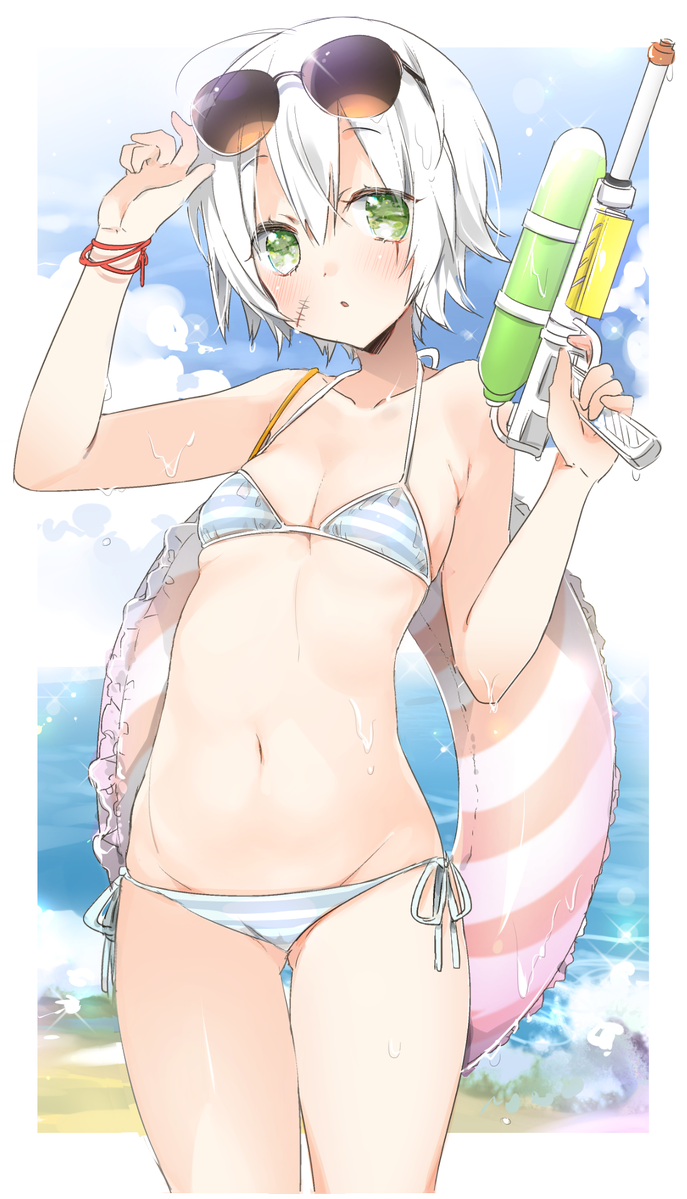 1girl :o assassin_of_black beach bikini blue_sky blush breasts clouds cloudy_sky commentary_request cowboy_shot day facial_scar fate/apocrypha fate_(series) finger_on_trigger gluteal_fold green_eyes gun hair_between_eyes halter_top halterneck holding holding_gun holding_weapon innertube looking_at_viewer lowleg lowleg_bikini navel outdoors outside_border parted_lips scar short_hair side-tie_bikini sino_(sionori) sky small_breasts solo striped striped_bikini sunglasses sunglasses_on_head swimsuit thigh_gap water_gun weapon wet white_hair wristband