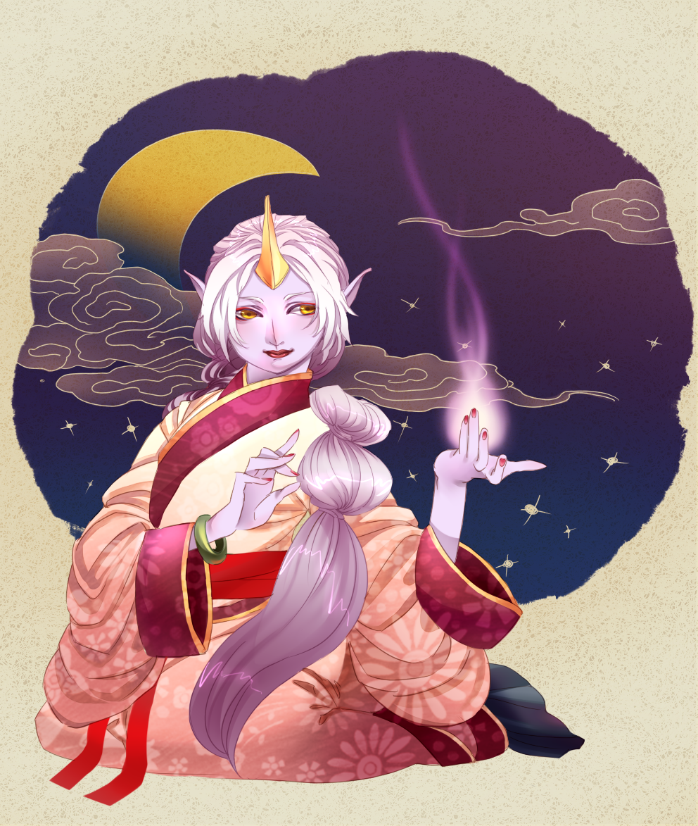 1girl bracelet clouds crescent_moon curasheep horn jewelry kneeling league_of_legends lipstick long_hair looking_at_viewer makeup moon nail_polish night night_sky pointy_ears purple_skin red_nails sky solo soraka white_hair wide_sleeves yellow_eyes