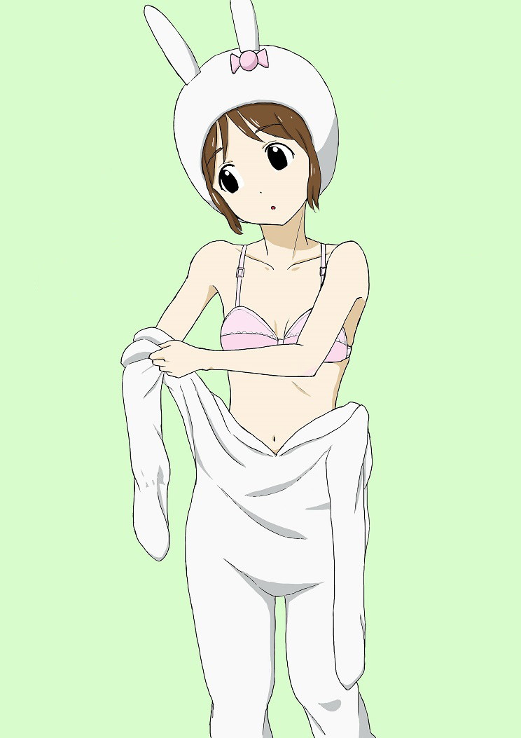 1girl :o animal_costume animal_ears bare_shoulders bra breasts brown_hair bunny_costume cleavage green_background makino_kanna navel pink_bra rabbit_ears simple_background solo tamako_market tsukkun underwear undressing