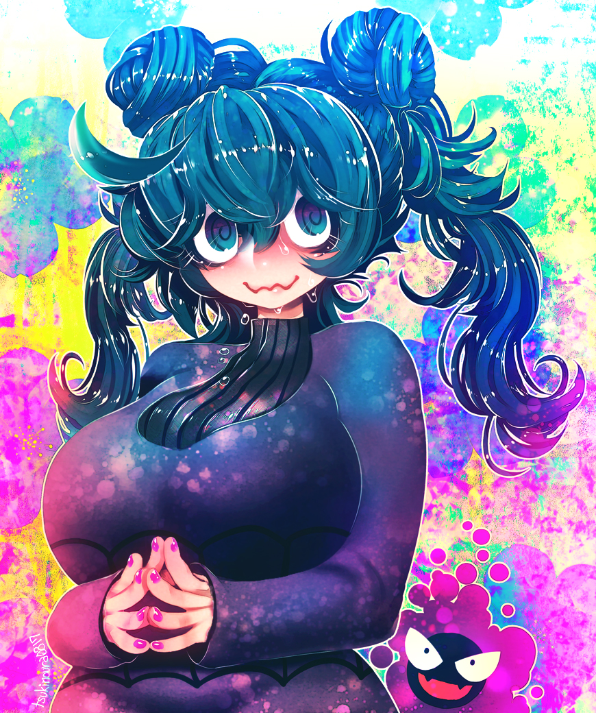 1girl al_bhed_eyes alternate_hairstyle blue_eyes blush breasts double_bun dripping fingers_together ghastly gradient_eyes hakkasame hex_maniac_(pokemon) large_breasts long_hair looking_at_viewer messy_hair multicolored multicolored_eyes nail_polish plump pokemon purple_hair purple_nails ribbed_sweater smile sweat sweater sweating violet_eyes wavy_mouth