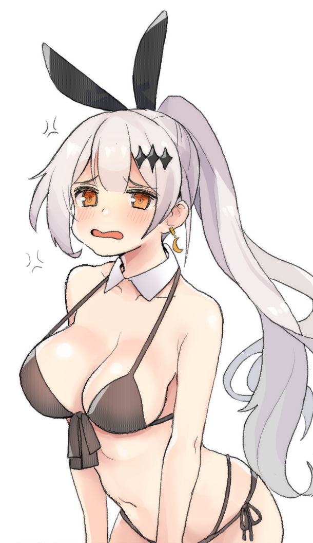 1girl anger_vein bikini black_bikini blush breasts cleavage cowboy_shot crescent crescent_earrings detached_collar earrings five-seven_(girls_frontline) girls_frontline hair_ornament hair_ribbon jewelry jorin large_breasts leaning_forward long_hair multi-strapped_bikini navel open_mouth orange_eyes ponytail ribbon side-tie_bikini silver_hair simple_background single_earring solo strap_gap swimsuit very_long_hair white_background