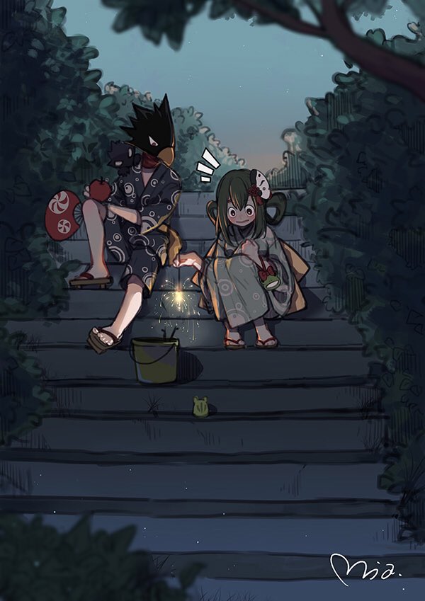 1boy 1girl animal_head asui_tsuyu bird black_eyes black_hair blush boku_no_hero_academia frog_girl green_hair japanese_clothes kimono long_hair night night_sky red_eyes short_hair sky smile stairs tokoyami_fumikage tongue tongue_out