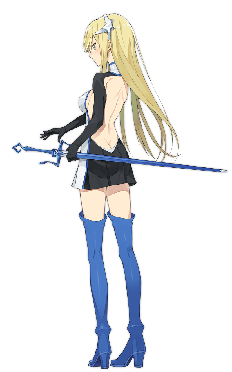 1girl aiz_wallenstein backless_outfit bare_back blonde_hair blue_boots blue_legwear boots dungeon_ni_deai_wo_motomeru_no_wa_machigatteiru_darou_ka from_behind full_body hayashi_kewi highres long_hair looking_at_viewer looking_back ready_to_draw solo standing sword thigh-highs thigh_boots weapon yellow_eyes