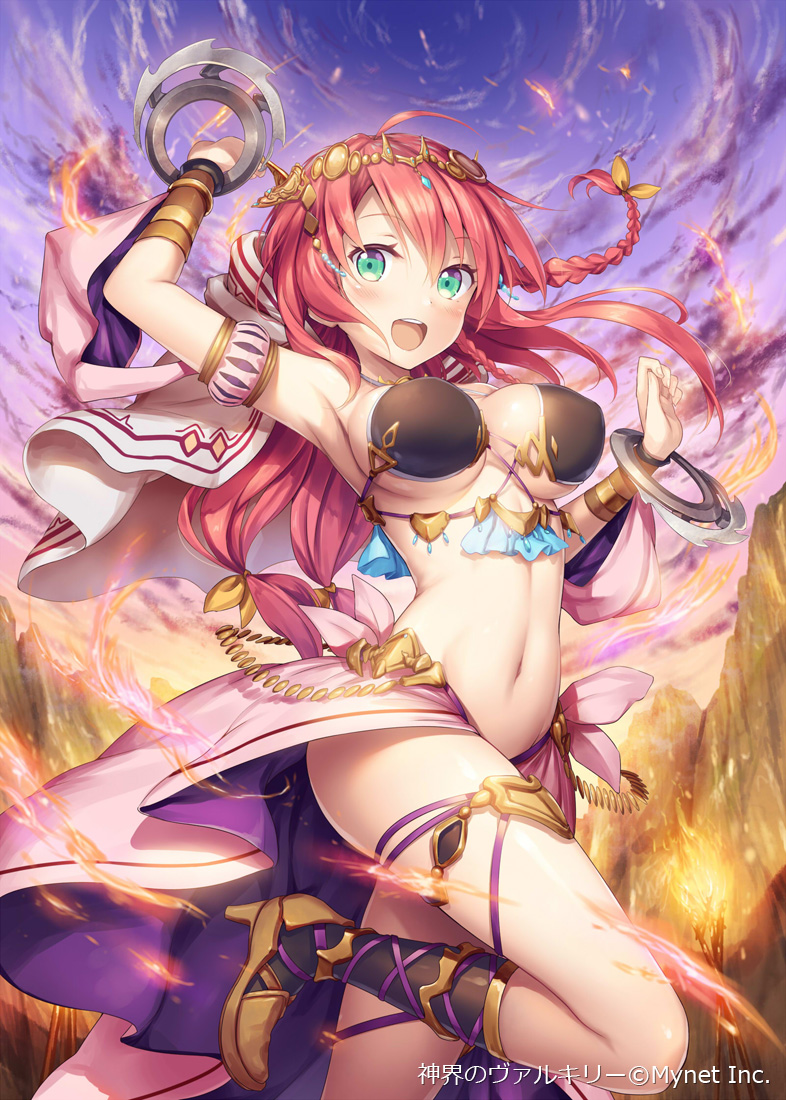 1girl :d akkijin armpits arms_up bikini_top black_bikini_top boots bracer braid breasts chakram circlet clouds cloudy_sky copyright_name cross-laced_footwear green_eyes high_heel_boots high_heels large_breasts leg_up long_hair looking_at_viewer low-tied_long_hair midriff navel open_mouth outdoors outstretched_arms pink_hair ribbon shinkai_no_valkyrie side_braid sky smile solo sunset thigh_ribbon under_boob watermark weapon