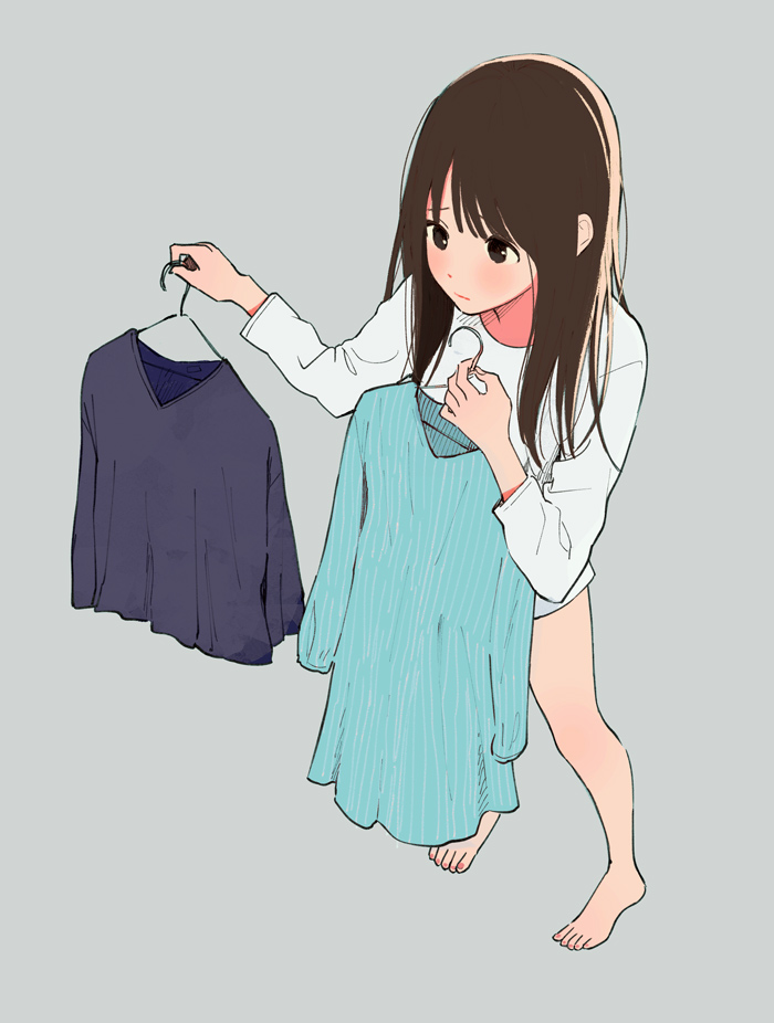 1girl barefoot black_shoes blue_shirt bottomless brown_eyes brown_hair closed_mouth clothes_hanger commentary_request frown full_body holding_clothes holding_shirt long_hair long_sleeves nail_polish nakamura_hinata original pink_nails shirt shoes solo standing toenail_polish white_shirt